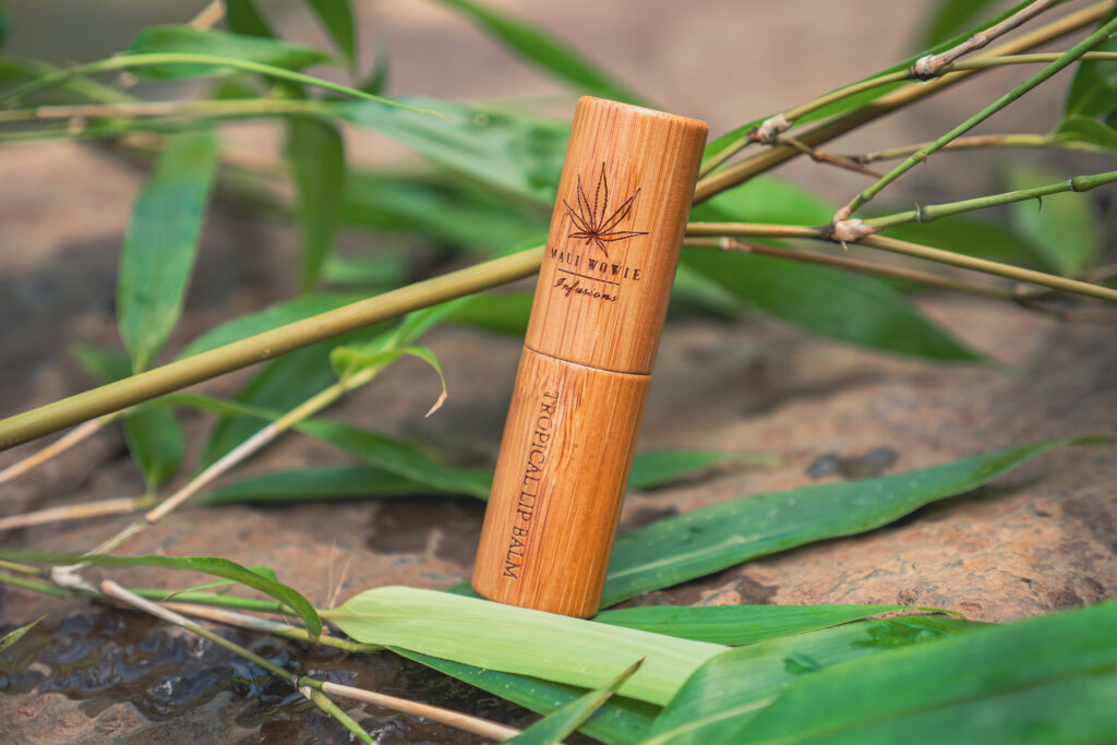 Maui Wowie Infusions Tropical Lip Balm in a sustainable bamboo tube packaging, resting on a rock surrounded by green bamboo leaves.