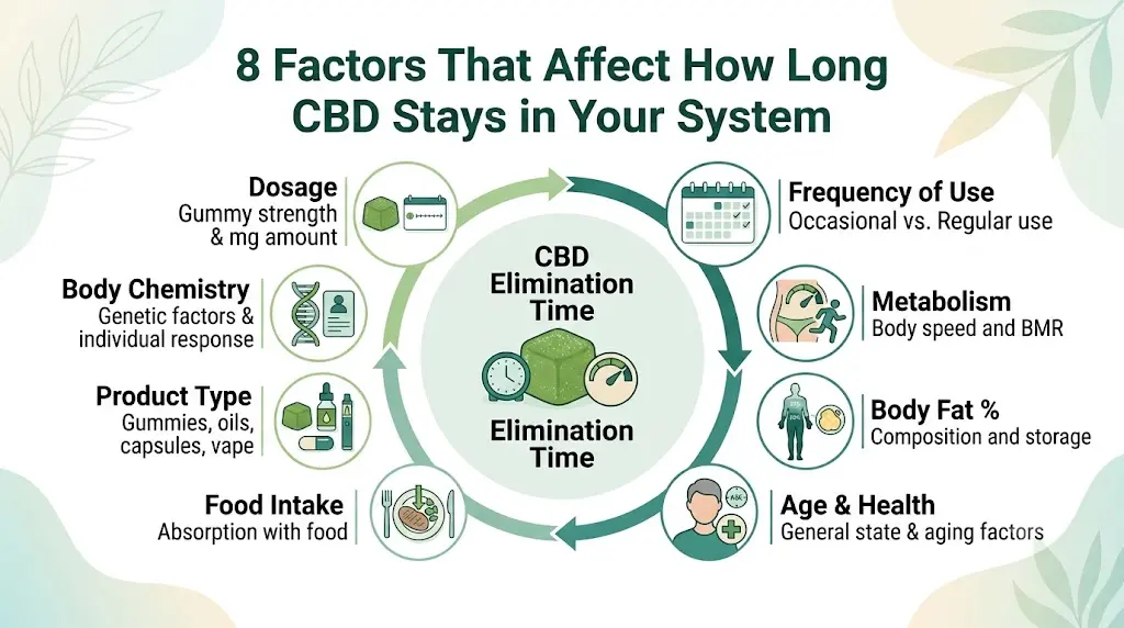 Circular diagram breaking down factors affecting CBD retention: Dosage, Frequency of Use, Metabolism, Body Fat %, Age & Health, Food Intake, Product Type, and Body Chemistry.