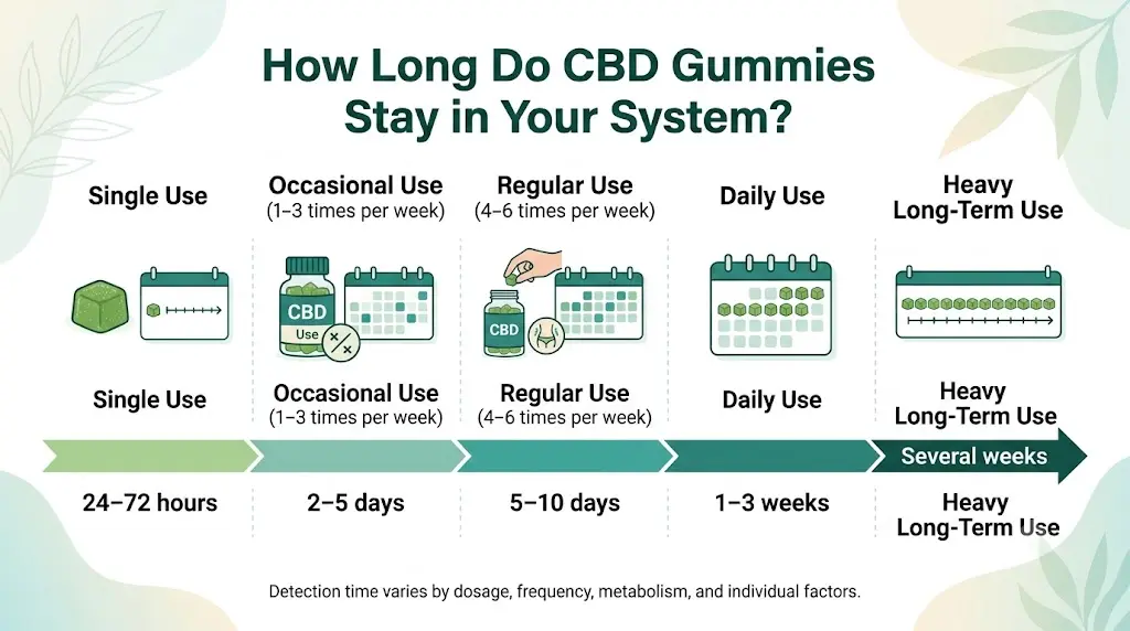 Chart showing detection times for CBD gummies based on frequency of use ranging from 24 hours to several weeks