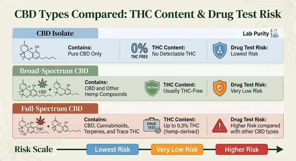 Comparison chart of CBD Isolate, Broad-Spectrum CBD, and Full-Spectrum CBD showing THC content and drug test risk levels.